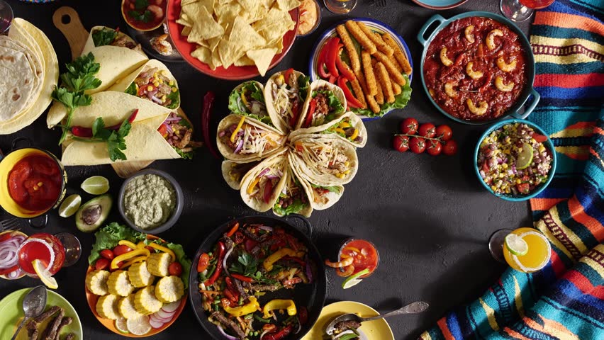 Tex-Mex and Mexican cuisine. Authentic Mexican family and friends at the table top view