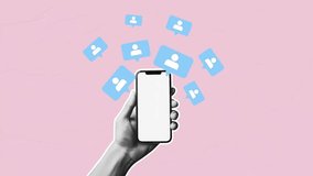 Funny animation of halftone hand holding a smartphone with floating social media icons. Hand holding phone with networking people. Connectivity, engagement, and digital communication. Adroitness. - Powered by Shutterstock - Get 15% off with code: PIKWIZARD15
