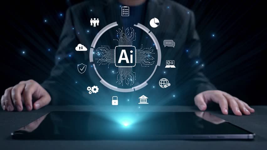 Human interact with AI artificial intelligence brain processor in concept of AI artificial intelligence engineering, big data and AI machine learning to use generative AI for business support. UUID