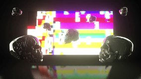 4K Loop rotate skull is displayed on a screen with glitch effects and a reflective surface, creating a futuristic and eerie atmosphere. - Powered by Shutterstock - Get 15% off with code: PIKWIZARD15