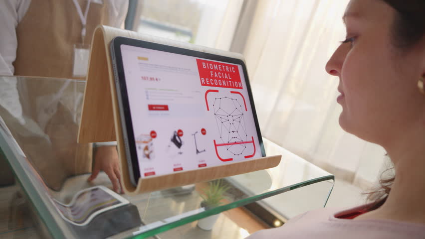 Woman scanning face on tablet for secure cashless payment close up. Biometric ID verification. Customer paying for purchase with identity authentication