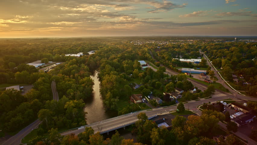 Overhead view of the Huron River in its full summer glory near Ann Arbor, Michigan, taken by a drone.