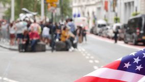 New York City Charging Bull, Wall street Stock Exchange symbol in USA. Lower Manhattan Downtown Financial District, United States. American Flag on Broadway street. Defocused tourist people. Landmark. - Powered by Shutterstock - Get 15% off with code: PIKWIZARD15