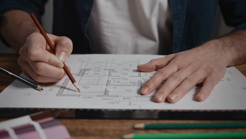 Unrecognizable male architect working with blueprint. The designer makes notes in the plan of the room. Working with architecture in a design office - Powered by Shutterstock - Get 15% off with code: PIKWIZARD15