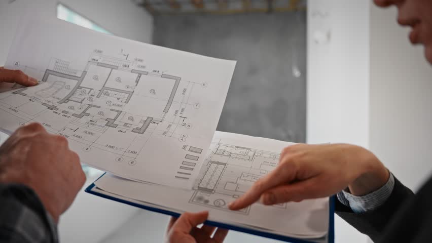 two people are looking at a floor plan of a house