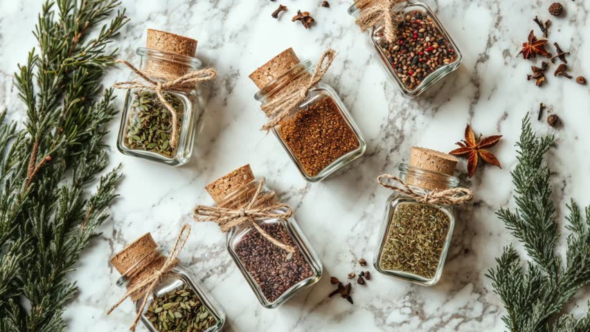 Glass Jars of Spices and Herbs Surrounded by Evergreen Branches on Marble