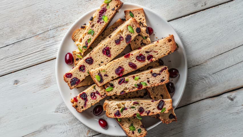 Plate of Delicious Biscotti with Cranberries and Pistachios on Rustic Table