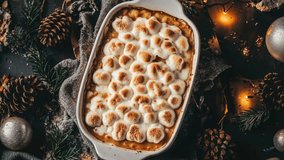 Festive Sweet Potato Casserole with Marshmallows and Holiday Decorations - Powered by Shutterstock - Get 15% off with code: PIKWIZARD15