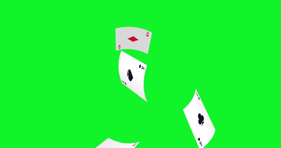 Realistic playing cards. Falling playing card suit with symbols of diamonds, clubs, hearts, spades on green background. Chroma key. Design for casino, game design. 4k graphic motion