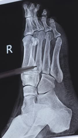 Doctor examining Vertical X-ray of foot fingers. Treatment of Sprains and dislocations of the muscles and bones of the foot. 4k, close up footage.