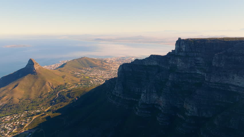 Aerial shot of table mountain in Cape town.