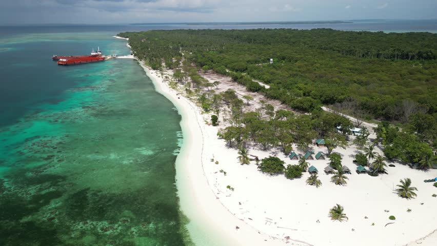 An aerial view of Starfish Island in Balabac, Philippines, showcasing lush greenery, a sandy coastline, turquoise waters