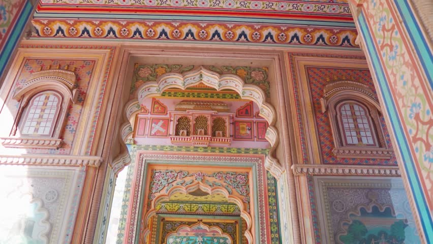 Patrika gate in Jaipur, Rajasthan, India. Many Colorful patterns on old walls of Patrika gate. Old Pink city.