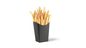 Black paper pack with french fries, looped rotation, 3d rendering. Turning fried potatoes snack in cardboard box, 4k, isolated on white background. Oil ready to eat fast food. 3D Illustration - Powered by Shutterstock - Get 15% off with code: PIKWIZARD15
