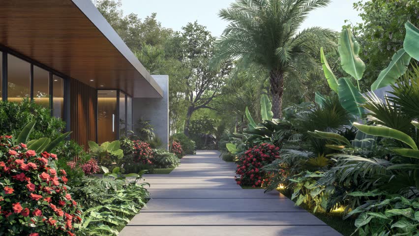 Animation of the backyard garden concrete walkway of modern loft style house is a tropical style lush forest garden 3d render illustration.