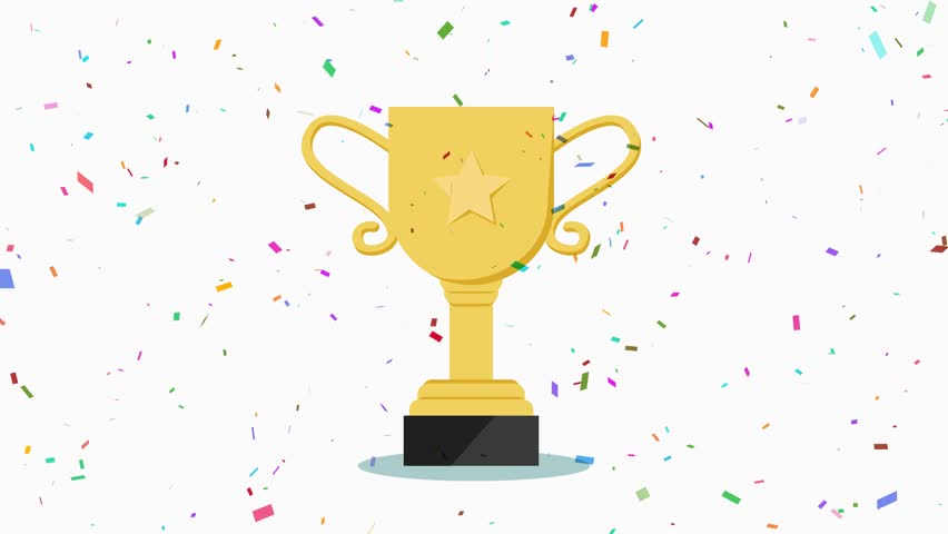 A gold cup with confetti animation. A successful victory, a champion's award. The winner of the competition, the prize for the first place, the victory, the gift, the celebration. 4K.