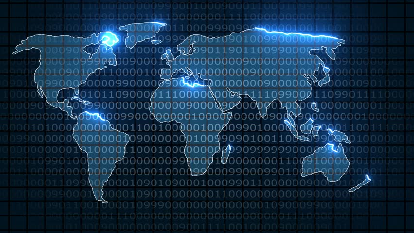 Earth World Map Abstract Technology Background. Global network connections displayed on a digital world map with binary code.
