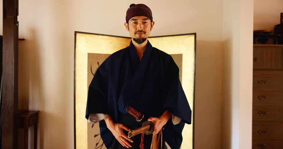 Respect, bow and martial arts sensei in dojo for practice routine, bushido and spirituality. Warrior, Japanese man and virtues for fighting, tradition and samurai culture for sports discipline