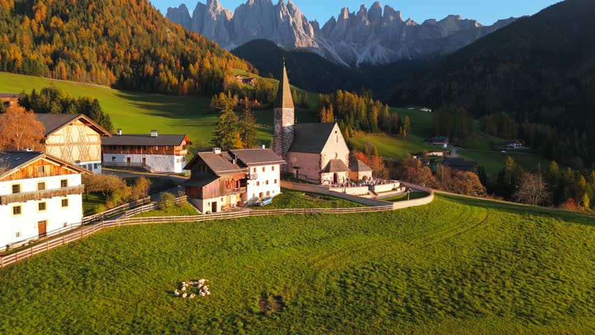 Val di Funes and village Santa Maddalena. Dolomites, Italy