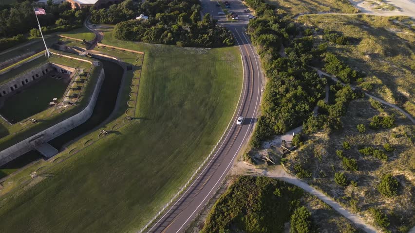 Fort Macon walls and Civil War cannons from a bird