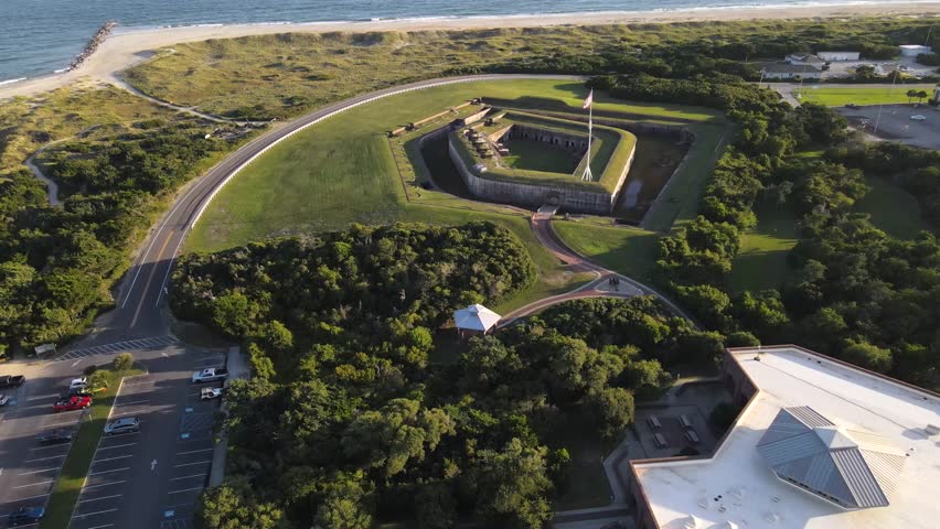 Fort Macon walls and Civil War cannons from a bird