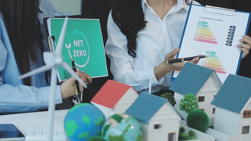 Closeup group Asia businesspeople talk ESG strategies risk management workshop, SDGs report, global warming, green finance investment eco friendly and net zero waste in boardroom training building.