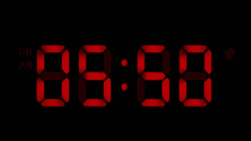 Digital clock with 12 hours, you can choose any hour or minute. Black background. 1 frame per minute. Loopable. Red.