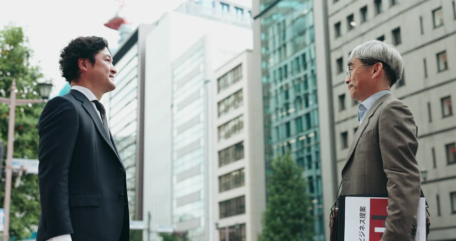 Bow, city and Asian business people in morning for greeting on commute, journey and travel to work. Professional, workers and Japanese men with traditional gesture for respect, hello or communication