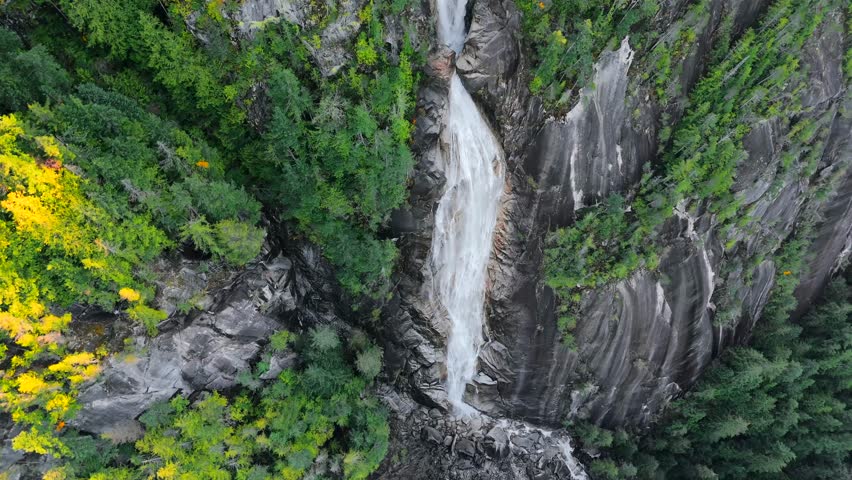 Aerial view of Shannon Falls. Water rushing down the canyon. Canada