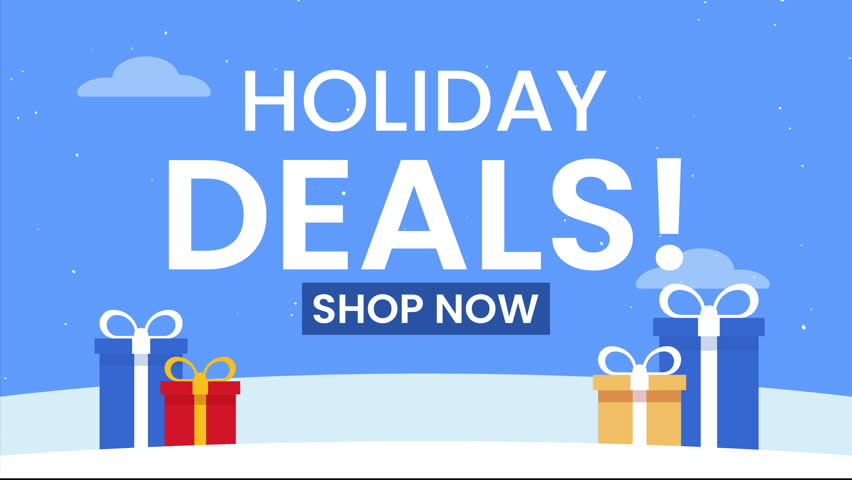 holiday sale advertisement with gifts shop now button on blue background. Suitable for Christmas promotions and online shopping campaigns.