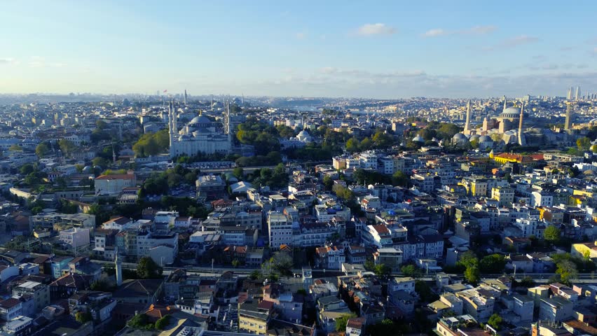 Aerial view of Blue Mosque, Hagia Sophia, Golden Horn and the Bosphorus, Istanbul, Turkey