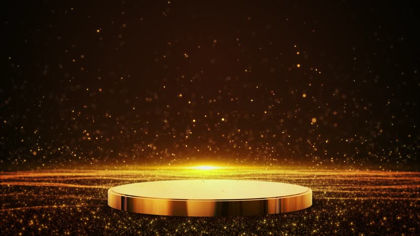 Golden Stage Spotlights podium Royal premium award Graphics Background. Lights Elegant Shine Star Particles Corporate. podium presentation studio showcase stand exhibition event. 3D Illustration