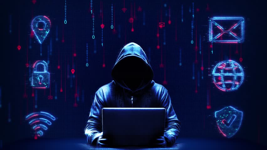 Abstract digital Cyber security hacker man data server room. Database security. DDoS attack concept. Internet criminal fraud Cyber hacker attack concept. ddos attack, system fraud. 3D Illustration - Powered by Shutterstock - Get 15% off with code: PIKWIZARD15