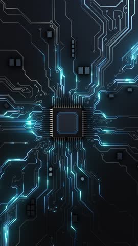 Semiconductor and circuit board digital tech bg. Electronics and computer technology concept. Chip and circuit board. Processor chip, tech environment, blockchain concept. Motherboard. 3D Illustration