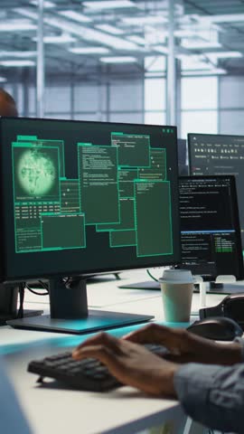 Vertical video Software developers in server hub trying to protect gear from hacker stealing data. Data center colleagues struggling to erase virus after seeing system hacked notification, camera A