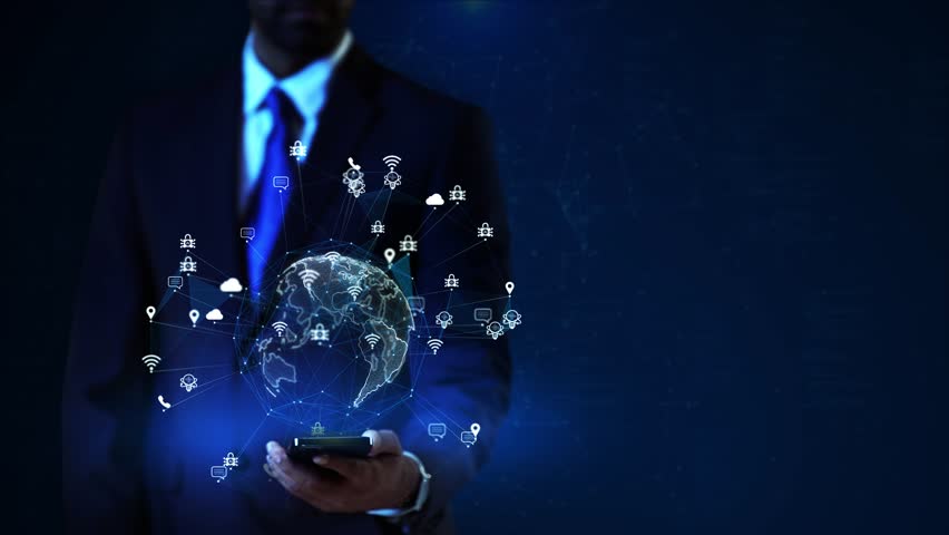 Businessman with centered around holographic globe business, and digital innovation. international networks industries. data exchange technology trade. corporate strategies, and. 3D Illustration