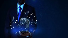 Businessman with centered around holographic globe business, and digital innovation. international networks industries. data exchange technology trade. corporate strategies, and. 3D Illustration - Powered by Shutterstock - Get 15% off with code: PIKWIZARD15