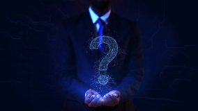 A businessman holds digital question mark open hands background. concepts inquiry, problem solving, futuristic technology. decision making, solutions. mystery, exploration, innovation. 3D Illustration - Powered by Shutterstock - Get 15% off with code: PIKWIZARD15