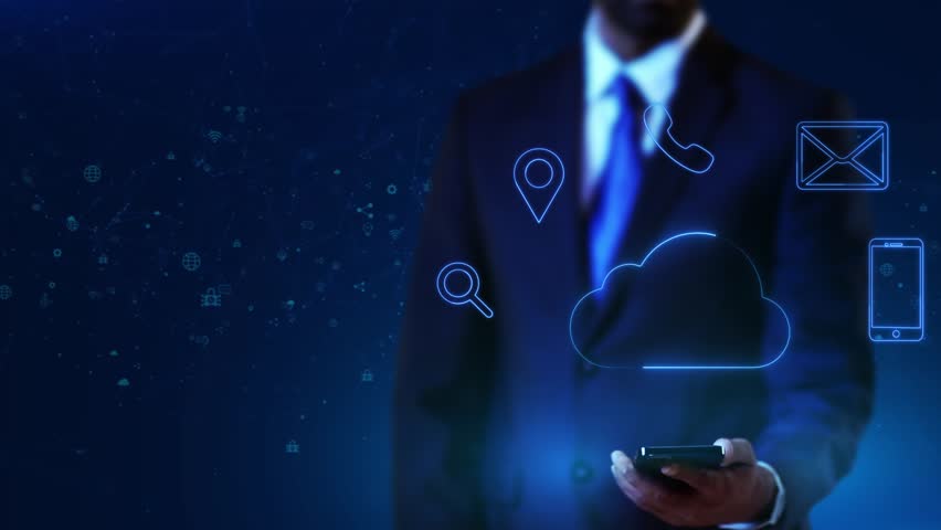 Business man holding cloud computing services, digital transformation innovation, data management, secure data storage, the future of business technology. cloud based IT solutions. 3D Illustration