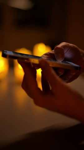Vertical cropped shot of unrecognizable woman using smartphone sitting at table in dark room, illuminated by warm glow of candlelight, creating cozy and intimate atmosphere. Shooting in slow motion.