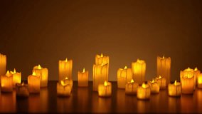 Many lit candles of varying sizes cast warm, inviting glow in dimly lit room, creating peaceful and atmospheric ambiance. Lot small burning candles in dark room, nobody. Shooting in slow motion. - Powered by Shutterstock - Get 15% off with code: PIKWIZARD15
