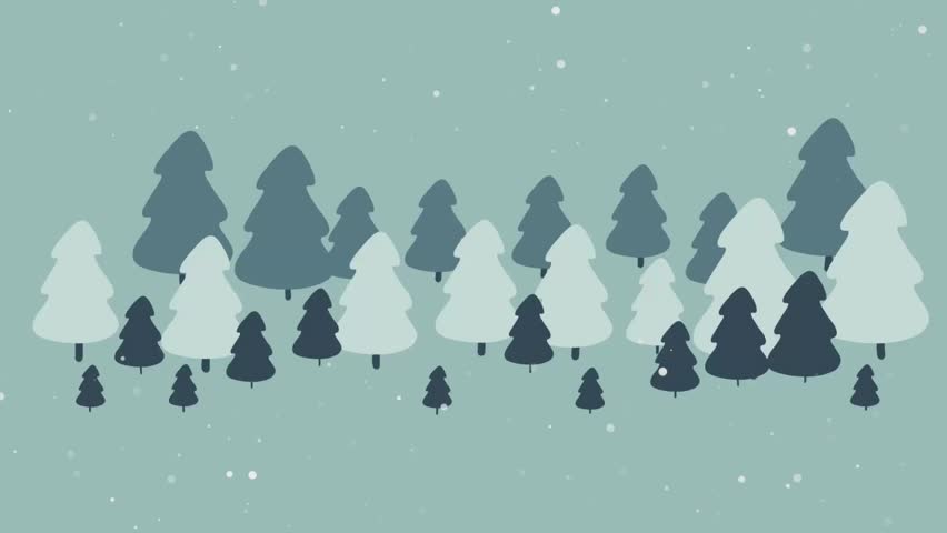 A minimalist flat animation of snow falling in a serene evergreen forest, featuring pine trees and softly drifting snowflakes. Perfect for winter, holiday projects, or seasonal backgrounds.