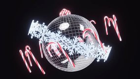 Abstract horizontal 3D wallpaper winter background ornament disco ball neon candy cane snowflakes Happy New Year Merry Christmas Navidad festive event metallic sphere retro groovy animation loop - Powered by Shutterstock - Get 15% off with code: PIKWIZARD15