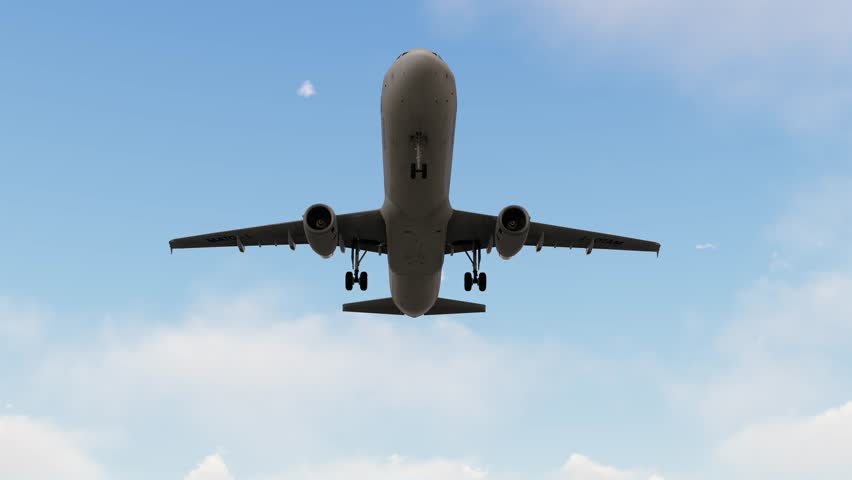 Airplane flies in blue sky. Travel, tourism. Airplane takes off against the background of blue sky.  ULTRA HD. 4K.