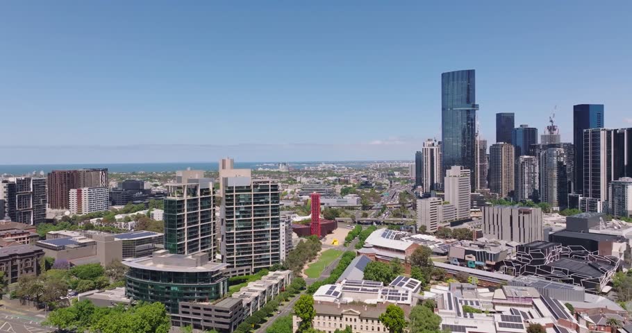 Melbourne, Australia: Aerial view of skyscraper skyline of Melbourne central business district (CBD) in capital city of Victoria, taken from Queen Victoria Gardens