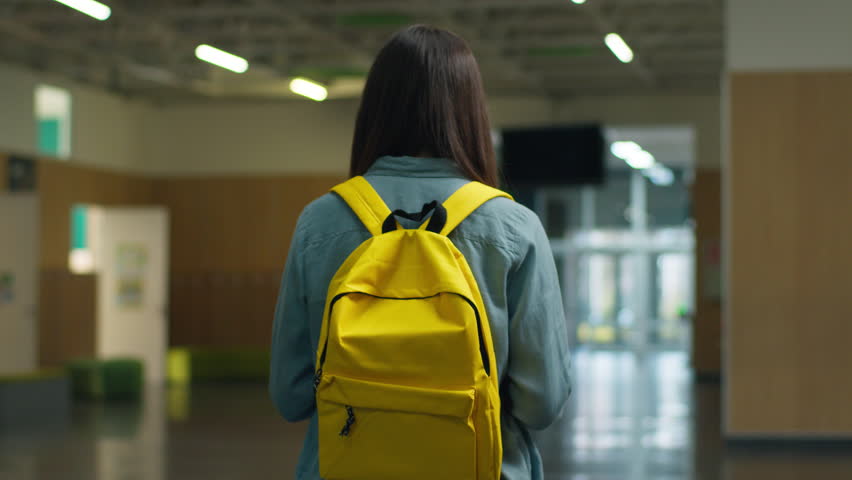 Back view from behind Caucasian female girl woman schoolgirl pupil teen teenager student at school walk university go college academy walking going in corridor to class lesson studying education learn
