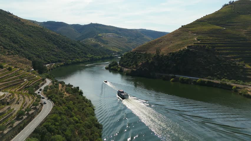 Douro Valley, Boat and Douro River on Sunny Day. Green Hills, Vineyards and Terraces. Portugal. Aerial Drone Shot. Moving Forward and Upwards