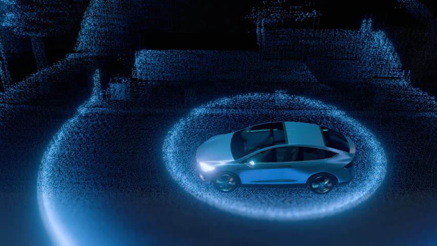 A futuristic electric car surrounded by blue lidar scanning waves, showcasing advanced self-driving and autonomous vehicle technology.