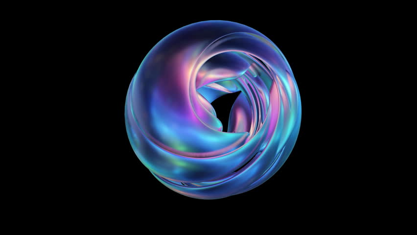 A glowing, iridescent spherical abstract shape featuring intertwined 3D curves with vibrant colors on a black background.