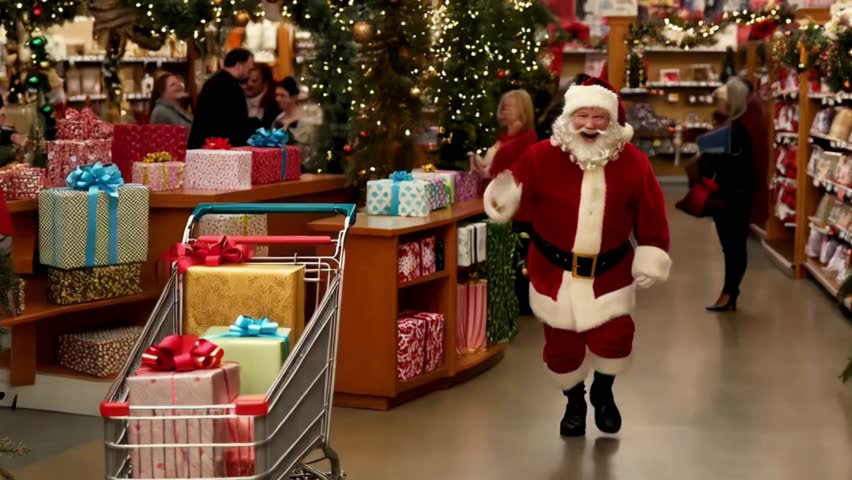 Santa Claus Racing with a Gift-Laden Shopping Cart in Store